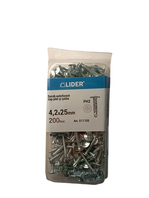Саморез 2,0 мм с плоской головкой и шайбой 4,2x25 (200 шт.) 011105 Lider