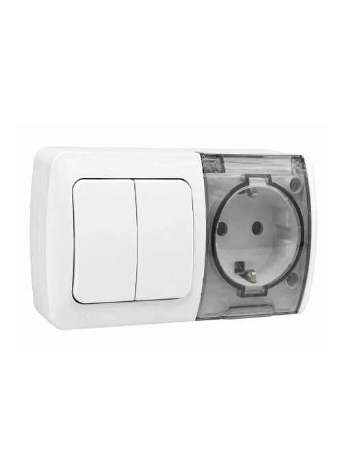 Întrerupător dublu+priză cu capac IP54 PT (alb) 554-011500-922 EL-BI EVA