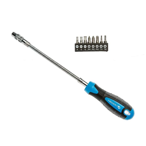 Гибкая отвертка + набор бит (4 мм/5 мм/6 мм/PH1/PH2/PH3/T15/T20) 8 шт. HOGERT