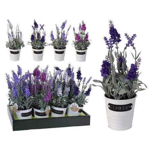 Floare artificială Lavandă în căldărușă metalică H29cm, 4 modele