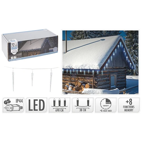 Luminițe de Crăciun Țurțuri 72LED alb, 6.9m, 8 regimuri