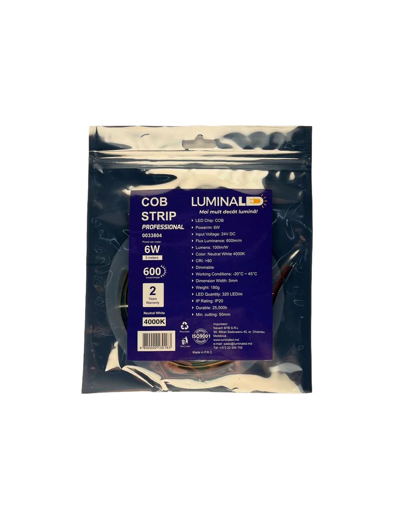 Bandă LED COB SLIM 320leds,24V,6w/m,5mm,4000K,100lm/w,5m,IP20 3