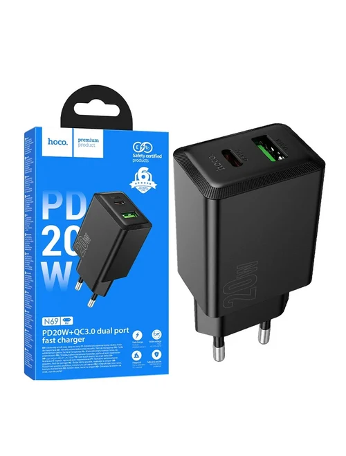 Зарядное устройство сетевое (220В) 1 USB + 1 Type-C Fast Charge Hoco N28