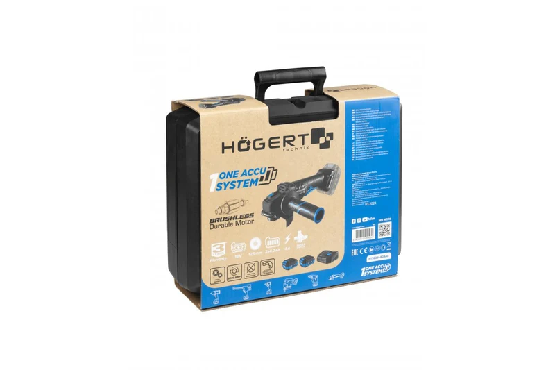 Set polizor unghiular cu intr. paleta 125 mm, 18V + 2 acumulatoare 4Ah + incarcator 4A, HOGERT 4